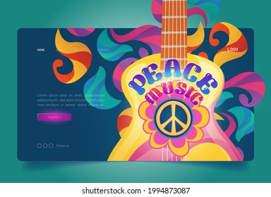 Peace music banner with hippie sign and guitar. Retro music of 60s and 70s in Woodstock festival style. Vector landing page with cartoon psychedelic pattern with flower and guitar