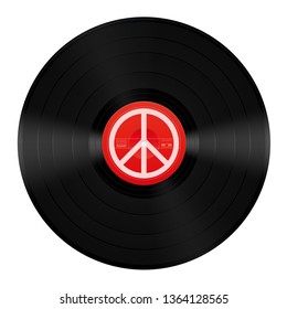 Peace music LP. Vinyl record with peace symbol. Isolated vector illustration on white background.
