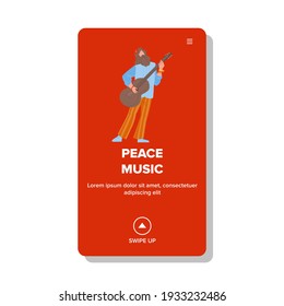 Peace Music Man Playing On Acoustic Guitar Vector. Young Bearded Boy Guitarist Performing Peace Music On Musician Instrument. Character Funny Festival Time Lifestyle Web Flat Cartoon Illustration