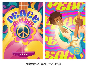 Peace music posters with hippie sign and man with guitar. Woodstock festival style. Vector flyers with cartoon psychedelic patterns. Retro music of 60s and 70s