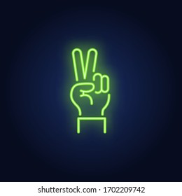 Peace neon sign. Glowing hand with two fingers in piece gesture on brick wall background. Vector illustration can be used for gesturing, communication, chatting