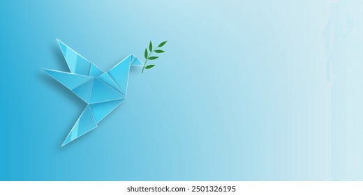 Peace and new bright hope. Glass dove flying over blue background holding olive branch. World Peace Day. Peace fragility concept. Vector illustration.