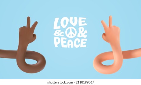 Peace no war 3d vector multi ethnic hands gesturing on blue background. World peace day illustration. Two fingers up love symbol and victory sign ui hero character.