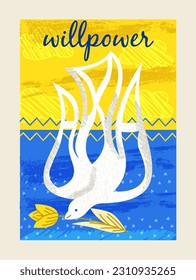 Peace and no war. Poster with white dove symbol of peace and purity. Help and support for Ukrainian people. Banner with yellow blue flag, bird and flowers in doodle. Cartoon flat vector illustration