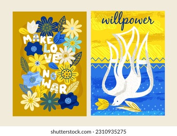 Peace and no war. Posters with Ukrainian yellow blue flag, flowers and white dove. Flyers with symbol of freedom, independence and peace. Cartoon flat vector collection isolated on white background