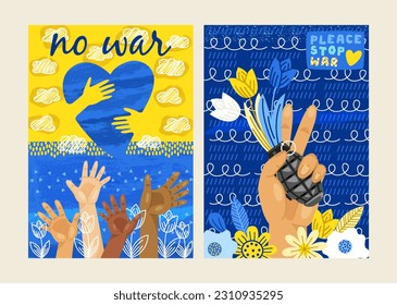 Peace and no war. Set of posters helping Ukrainian people. Banners with flowers, yellow blue flag, heart, hands and hugs in abstract style. Cartoon flat vector collection isolated on white background