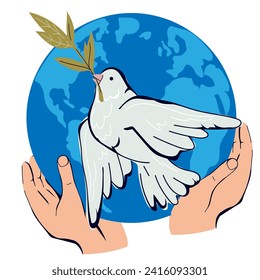 Peace No war sign design with dove symbol and planet in human hands. Message of peace, symbolic and meaningful design, flat vector illustration isolated on a white background.