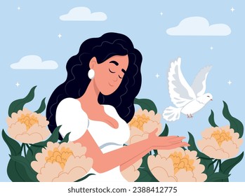 Peace. No war.   Vector illustration of doves of peace, poster and banner design. Dove of peace and woman. World Peace Day. 