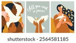 Peace! No war! Vector illustrations of peace doves, hands, posters and anti-war banners. International peace day