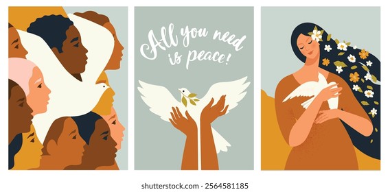 Peace! No war! Vector illustrations of peace doves, hands, posters and anti-war banners. International peace day