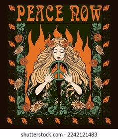 peace now, girl with a peace symbol in her hands, art nouveau T-shirt print