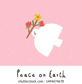 Peace on Earth - cute vector illustration. Pink cartoon background with Bird and flowering branch. Happy Earth Day background.