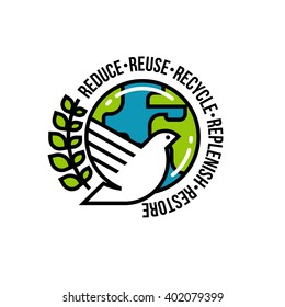 Peace on Earth. Environmentally themed flat line vector illustration with dove and Earth