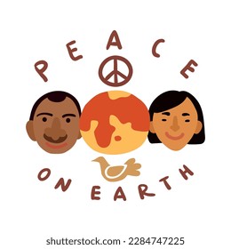 Peace on earth flat emblem with international human faces vector illustration