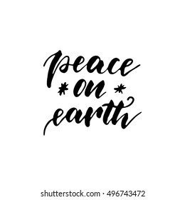 Peace on earth - freehand ink hand drawn calligraphic design for Xmas greetings cards, invitations. Handwritten calligraphy isolated on white background. Vector illustration.
