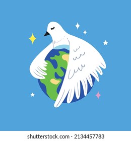 Peace on Earth. No war. Stop war symbol . Pigeon and the globe illustration of care and calm