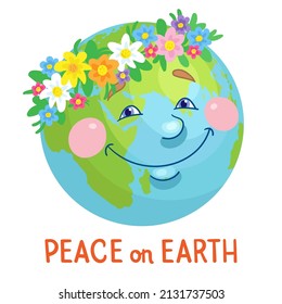 Peace on Earth. Our planet in a flower wreath. In cartoon style. Isolated on white background. Vector flat illustration. Happy Earth Day