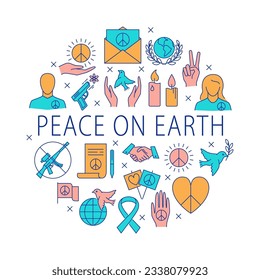 Peace on Earth round banner in colored line style. Vector illustration.