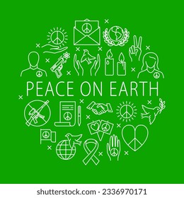 Peace on Earth round poster in line style. Pacifism symbols. Vector illustration.