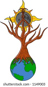 Peace on Earth.  A tree growing out of the earth creating a peace sign with the sun and moon.