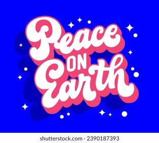 Peace on Earth, vibrant script lettering template designed specifically for Christmas events. Isolated colorful vector typography element. Winter Holidays-themed phrase with sparkles. For any purposes