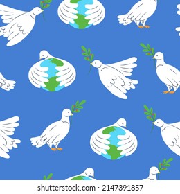 Peace on Earth. White doves of peace with an olive branches in its beak. Hand drawn modern vector seamless pattern for wallpaper,  fabric,  poster template.