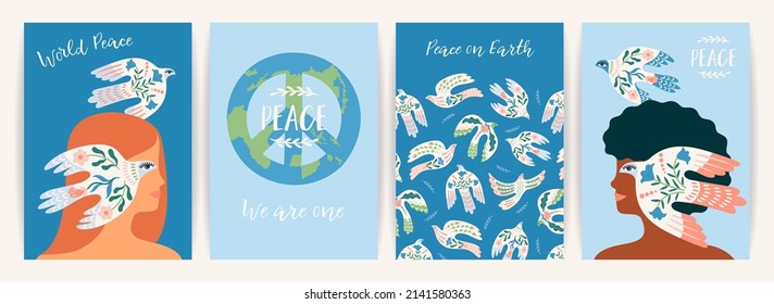 Peace on Earth. Woman and dove of peace. Vector set. Illustration for card, poster, flyer and other use