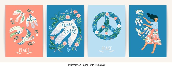 Peace on Earth. Woman and dove of peace. Vector set. Illustration for card, poster, flyer and other use