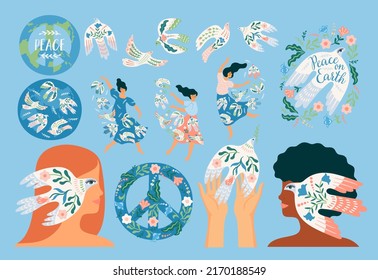 Peace Earth  Woman   dove peace  Vector set  Illustration for card  poster  flyer   other use