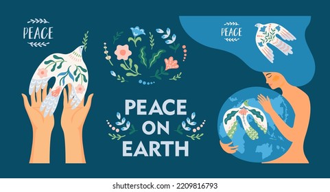 Peace on Earth. Woman and dove of peace. Vector set. Illustration for card, poster, flyer and other use