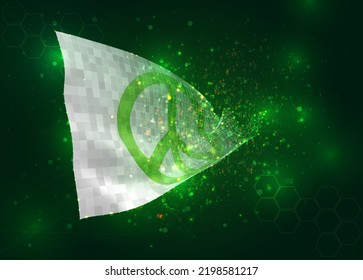 Peace, on vector 3d flag on green background with polygons and data numbers