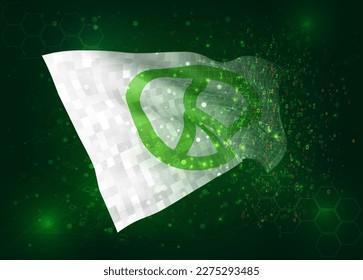 Peace, on vector 3d flag on green background with polygons and data numbers