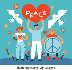 Peace people poster. Happy characters with peaceful symbols in hands. Stop war banner. Big heart and hippie sign. Flying bird. Flowers and pigeons. Pacifism activists