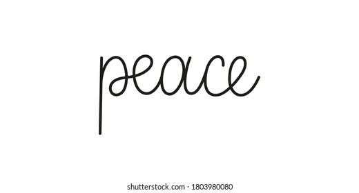 Peace phrase handwritten by one line. Mono line vector text element isolated on white background.Simple inscription