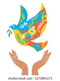 Peace Pigeon with flowers, symbol of peace illustration. Hands releasing Peace Dove