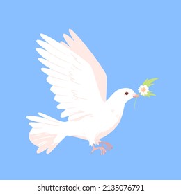 Peace pigeon flying with flower branch. International peace day, peaceful dove bird, pacifist global symbol, forgiveness and compassion spreading cartoon vector illustration