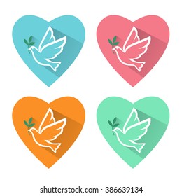 Peace pigeon. Lovely dove flat vector icon set on white background. Silhouette dove heart flat icon.