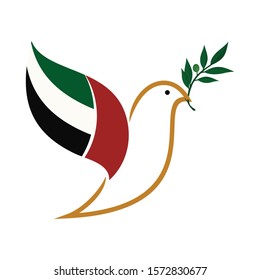 Peace Pigeon Symbol. Olive Leaf and White Dove Logo. United Arab Emirates Flag Colors.  Vector Illustration.  