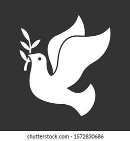 Peace Pigeon Symbol. Olive Leaf and White Dove Logo. Vector Illustration.  
