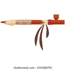 Peace pipe vector. Native american indian tobacco smoking pipe with feather decoration icon. Aztec or apache shaman tribal chief ethnic symbol isolated on white background