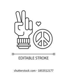 Peace pixel perfect linear icon. Relationship freedom symbol. Hand showing V sign. Thin line customizable illustration. Contour symbol. Vector isolated outline drawing. Editable stroke