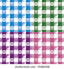 Peace Plaid in Four Colorways Seamless pattern Includes Banner of Peace (Pax Cultura, Roerich's Pact), Yin Yang, heart and peace symbols.