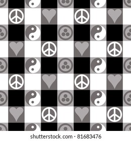 Peace Plaid seamless pattern in black. Includes Banner of Peace (Pax Cultura, Roerich's Pact), Yin Yang, heart and peace symbols.