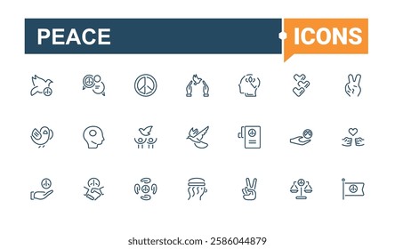 Peace Postal and Digital Mail modern icons set. It contains symbols to give, world, life, v, no war, protect, heart and more. Collection for mobile and web apps. Editable stroke. Vector illustration.