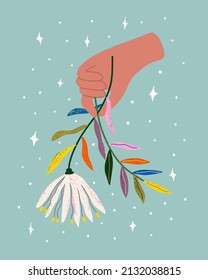 Peace poster concept with hand and flowers. No racism, we are equal concept. Flat style social print for t-shirt, banner, social networks. Supporting vector illustration.