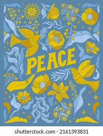 Peace poster. No war sign. Floral and flower ornamental decorations. Hand drawn Vector illustration. Organic drawings. Support Ukraine. Vintage style.