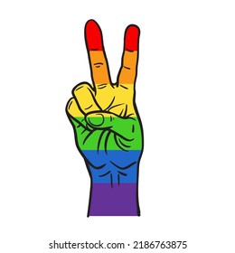 Peace Pride Rainbow Hand. Colorful Rainbow LGBT Flag. Vector Illustration.