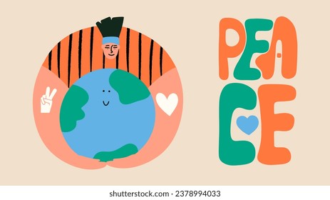 Peace and protection of the planet concept. Earth Day banner. Hand draw illustration.