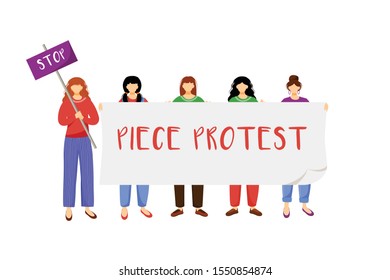 Peace protest flat vector illustration. Protesters, activists crowd isolated cartoon characters on white background. Young women with anti war placards. Peaceful socia demonstration. Pacifism concept