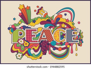 Peace Psychedelic Poster, Hippie Art Style Illustration